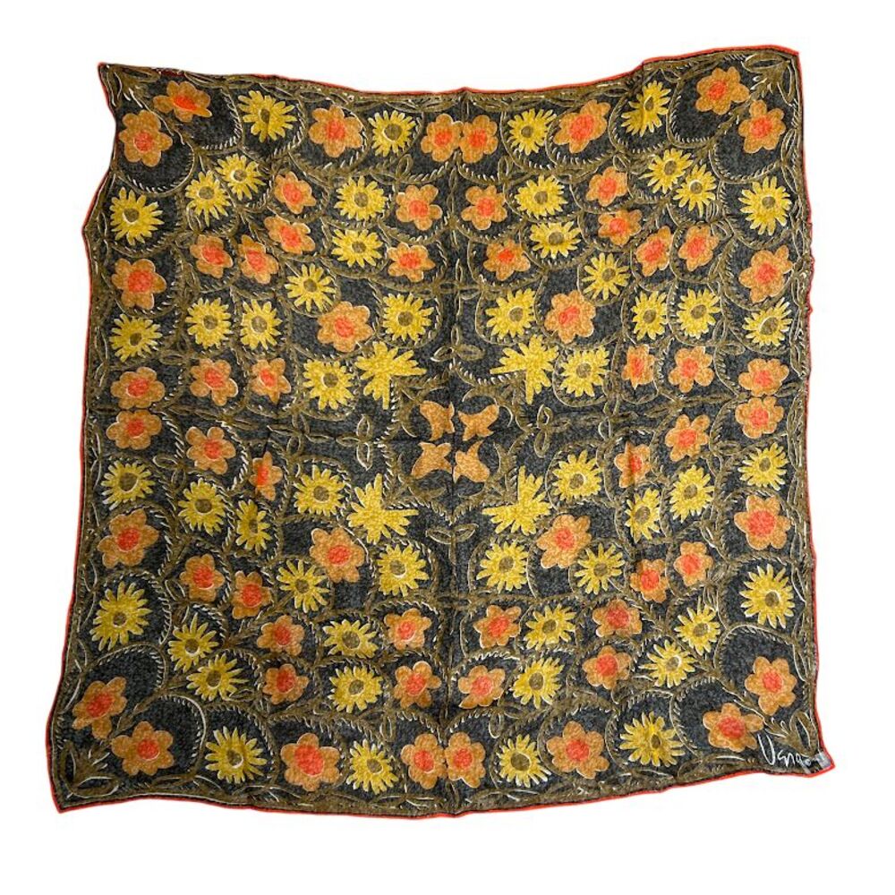 Vtg 70’s Vera Neumann Floral Scarf 26” Square Yellow Black Orange Silk blend